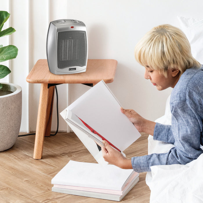 Almo 754200 Ceramic Heater with Adjustable Thermostat  - 6 in. x 7 in. x 9.2 in. - Silver