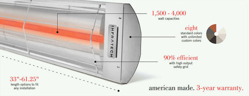 Infratech C Series Single Element C1512SS 1500 Watts 120V 12.5 Amps Infrared Electric Patio Heater 33 x 8.19 x 2.5 in. Stainless Steel Color